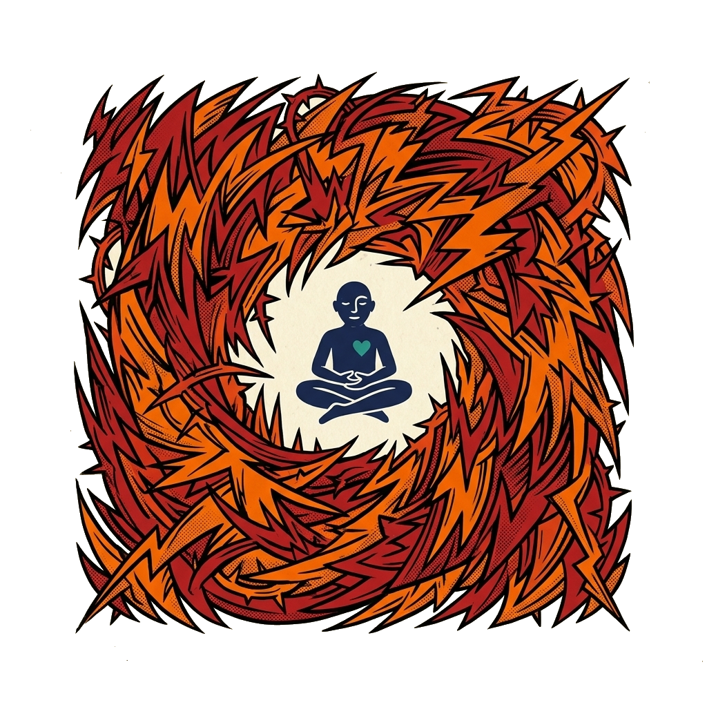 Calm navy figure sitting peacefully inside a storm of red angular shapes